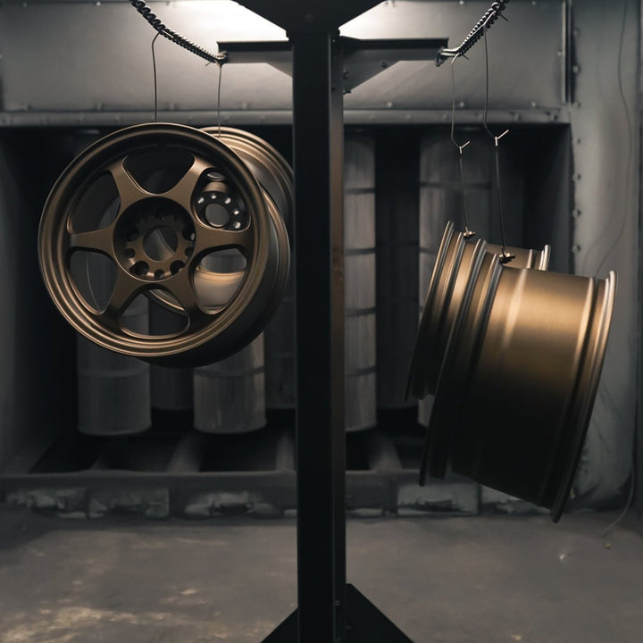 Wheels powder coated in matte bronze hanging on a rack in the booth