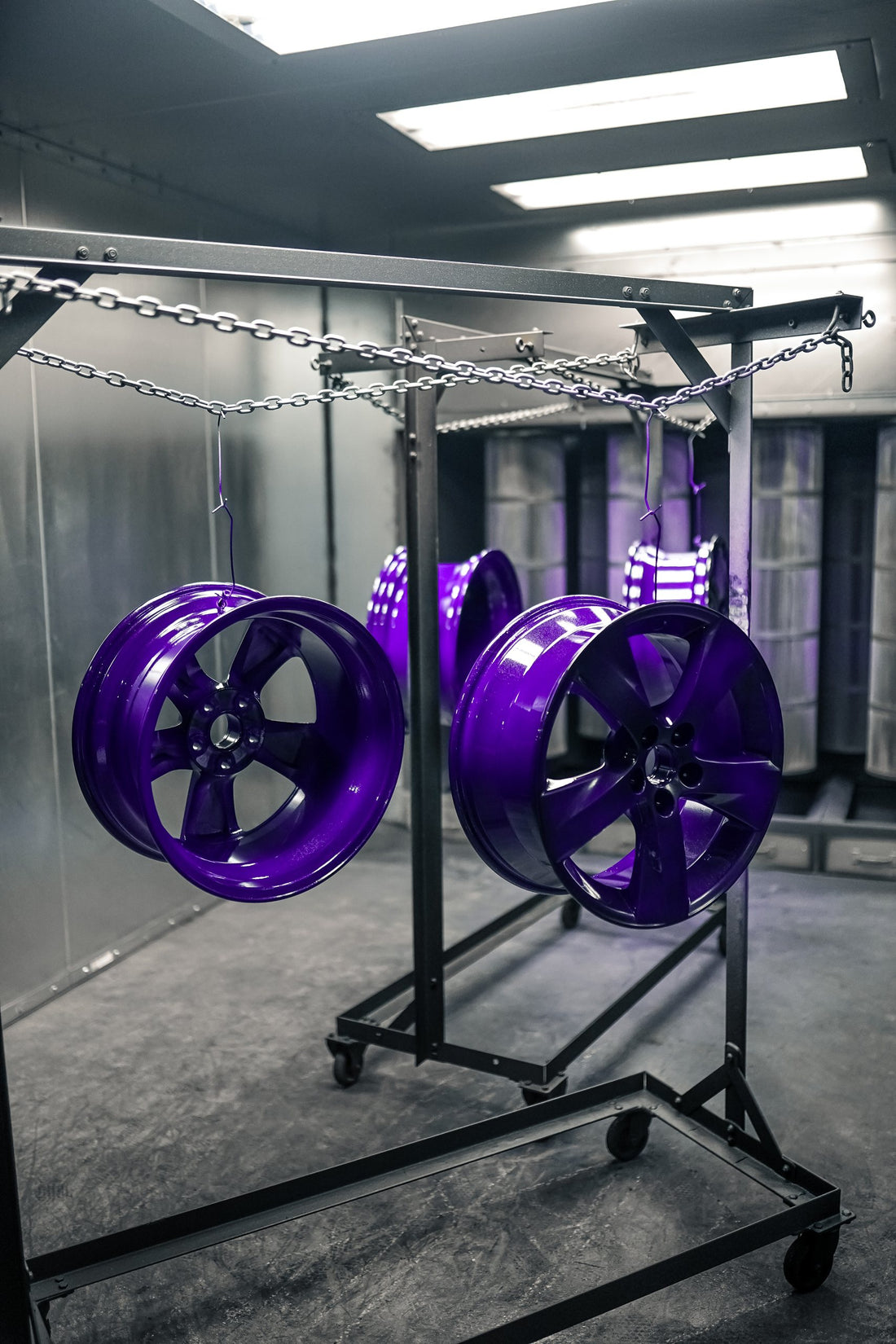 Purple wheels on a rack